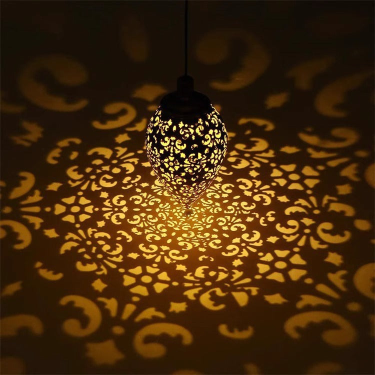 Garden lamp made of wrought iron, solar-powered, Moroccan style, water drop-shaped hollow pendant light, courtyard lamp, solar-powered courtyard lamp