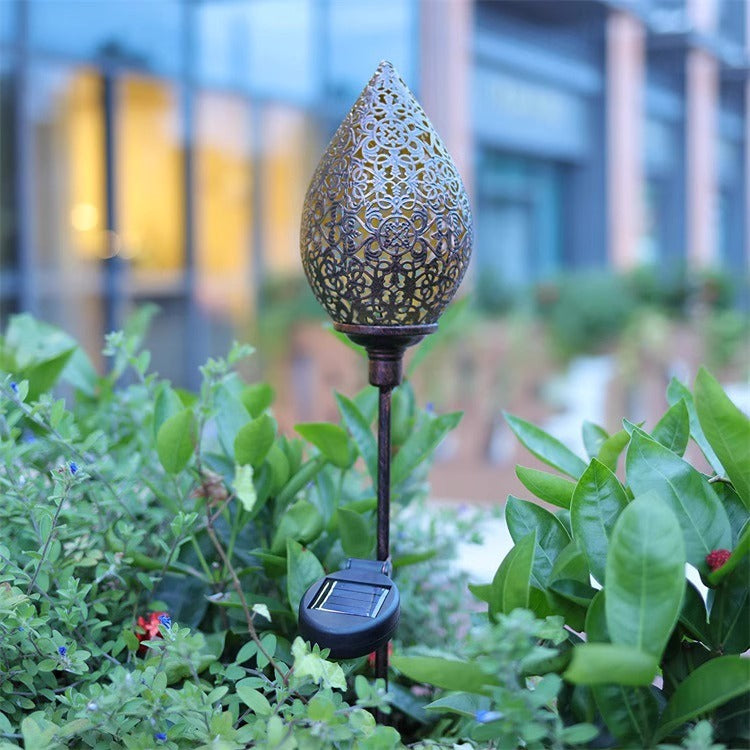 Garden lamp made of wrought iron, solar-powered, Moroccan style, water drop-shaped hollow pendant light, courtyard lamp, solar-powered courtyard lamp