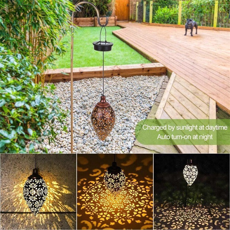 Garden lamp made of wrought iron, solar-powered, Moroccan style, water drop-shaped hollow pendant light, courtyard lamp, solar-powered courtyard lamp