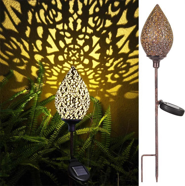 Garden lamp made of wrought iron, solar-powered, Moroccan style, water drop-shaped hollow pendant light, courtyard lamp, solar-powered courtyard lamp