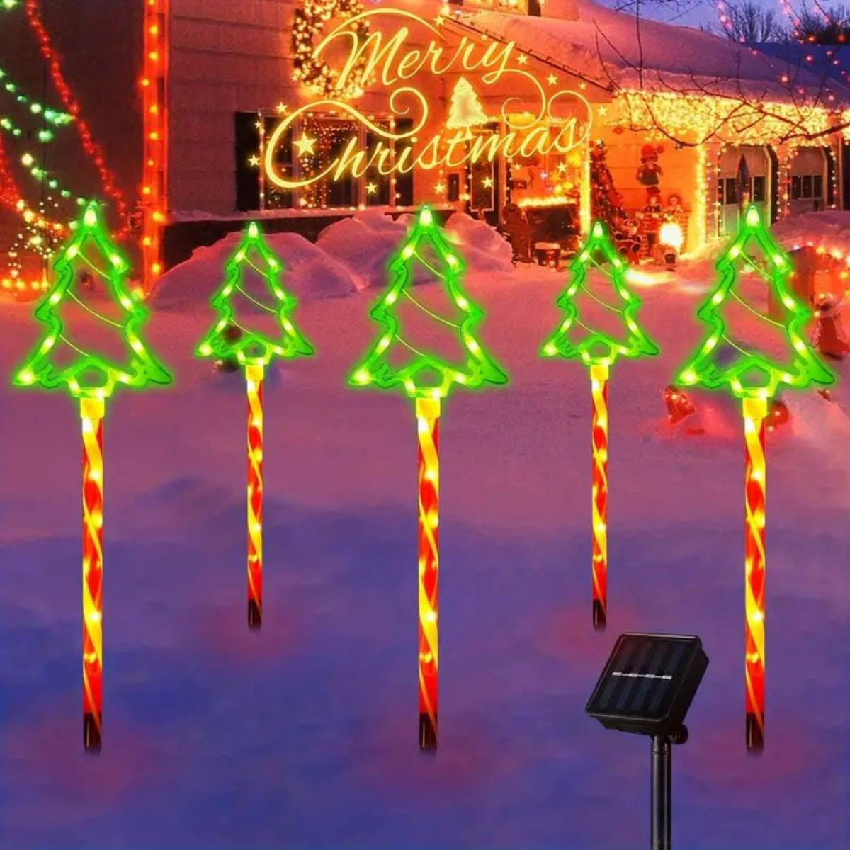 LED Solar Powered 1-to-5 Christmas Tree Ground Lights Outdoor Waterproof Decorative Atmosphere Lights for Courtyard and Lawn