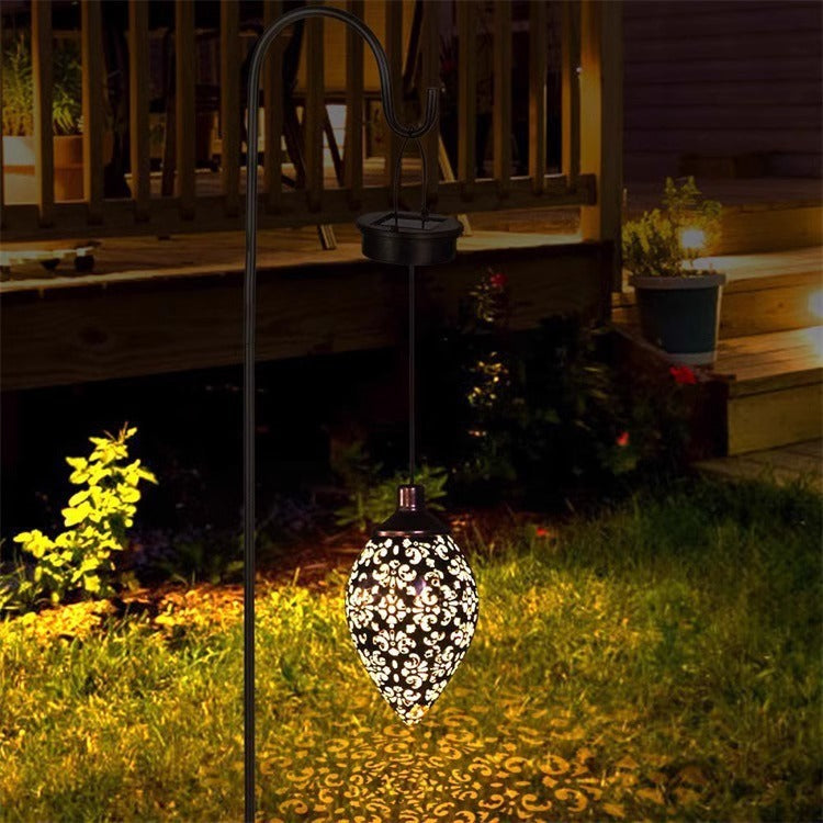 Garden lamp made of wrought iron, solar-powered, Moroccan style, water drop-shaped hollow pendant light, courtyard lamp, solar-powered courtyard lamp