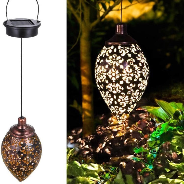 Garden lamp made of wrought iron, solar-powered, Moroccan style, water drop-shaped hollow pendant light, courtyard lamp, solar-powered courtyard lamp