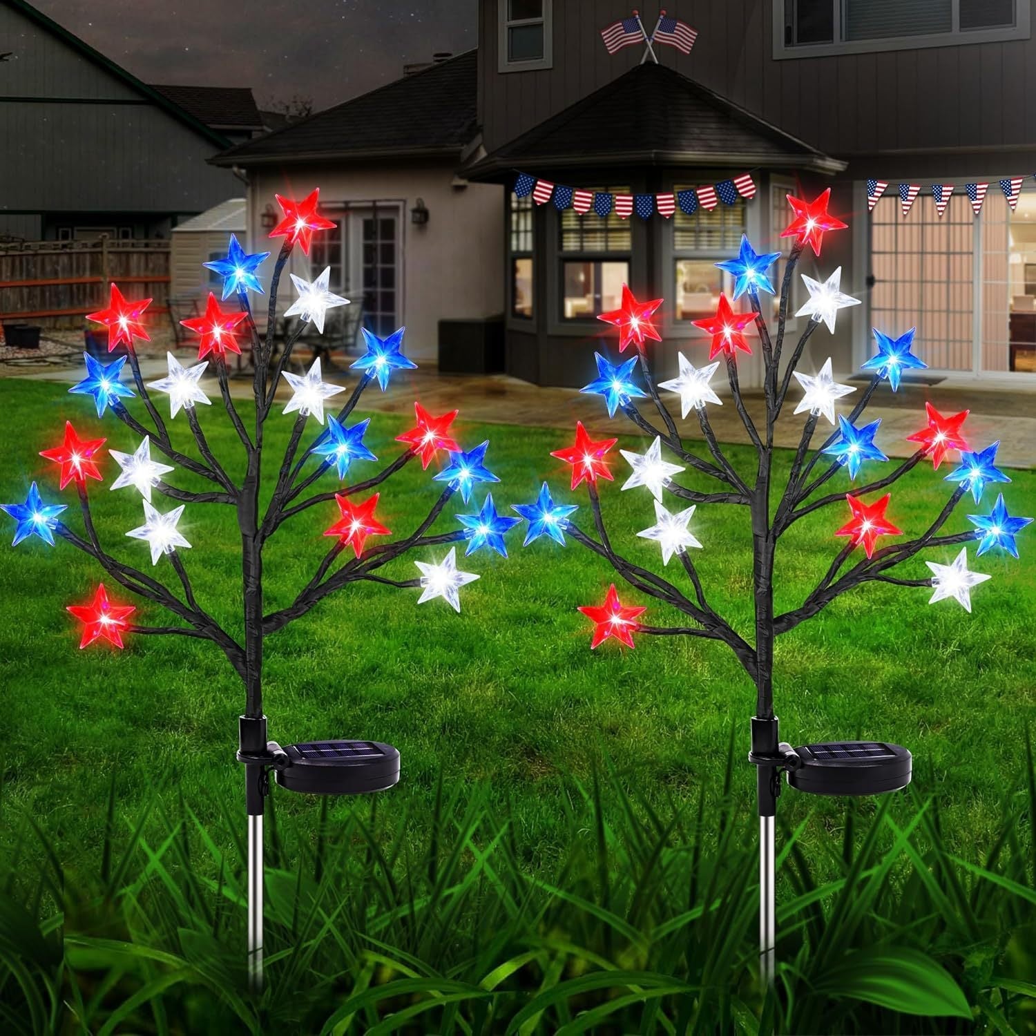 Cross-border American Independence Day solar LED tree branch ground lights with red, blue, and white pentagrams for garden decoration and lawn lighting