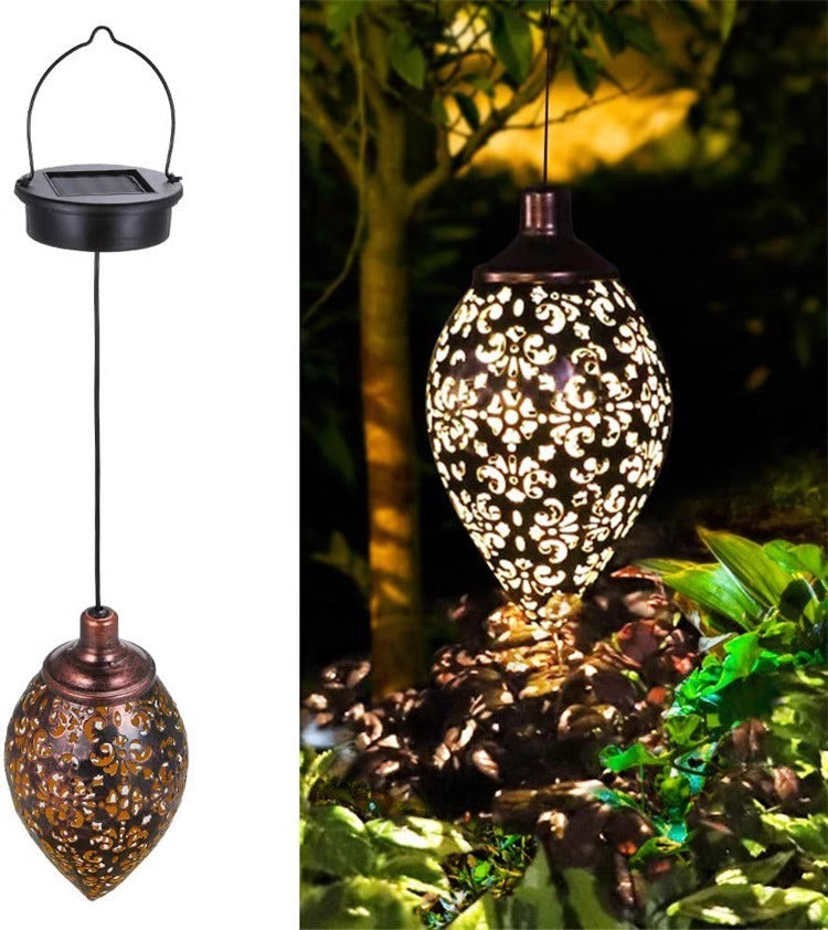 Garden lamp made of wrought iron, solar-powered, Moroccan style, water drop-shaped hollow pendant light, courtyard lamp, solar-powered courtyard lamp