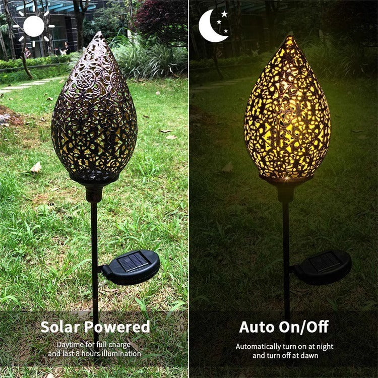 Garden lamp made of wrought iron, solar-powered, Moroccan style, water drop-shaped hollow pendant light, courtyard lamp, solar-powered courtyard lamp