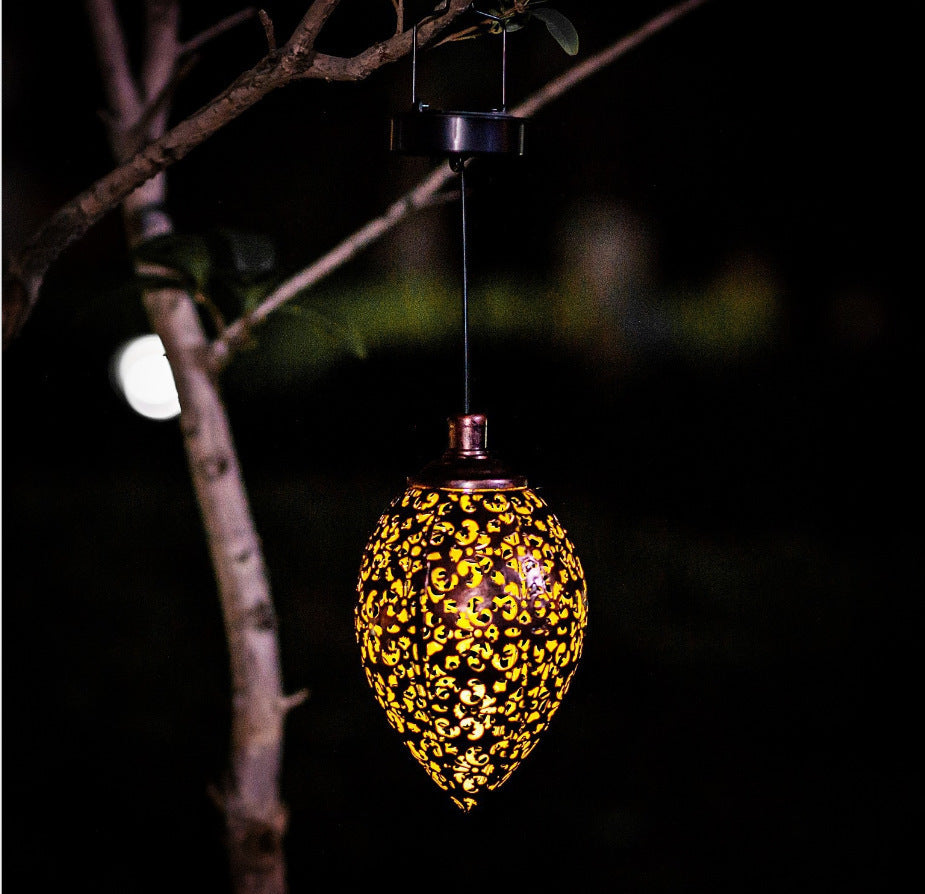 Garden lamp made of wrought iron, solar-powered, Moroccan style, water drop-shaped hollow pendant light, courtyard lamp, solar-powered courtyard lamp