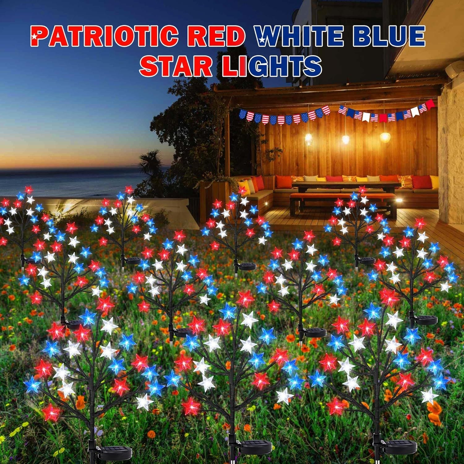 Cross-border American Independence Day solar LED tree branch ground lights with red, blue, and white pentagrams for garden decoration and lawn lighting