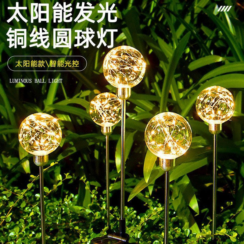 LED solar-powered transparent ball copper wire light, waterproof outdoor garden courtyard decorative ground-mounted landscape lawn light