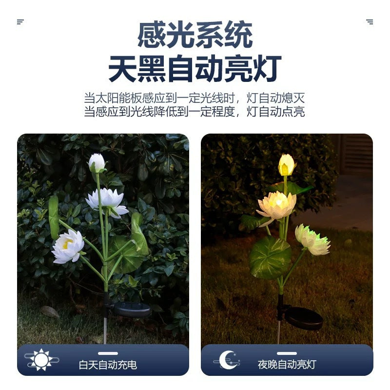 LED solar outdoor waterproof lawn light, simulated three-headed lotus ground light, garden courtyard sensor landscape light