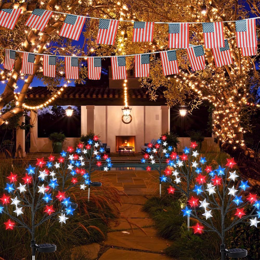Cross-border American Independence Day solar LED tree branch ground lights with red, blue, and white pentagrams for garden decoration and lawn lighting