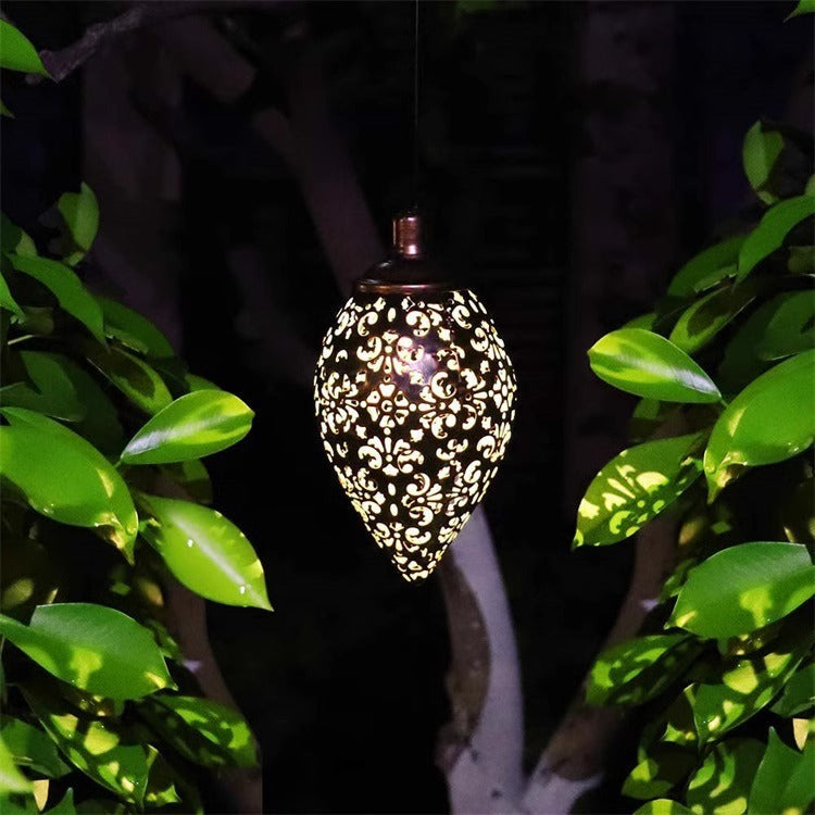 Garden lamp made of wrought iron, solar-powered, Moroccan style, water drop-shaped hollow pendant light, courtyard lamp, solar-powered courtyard lamp