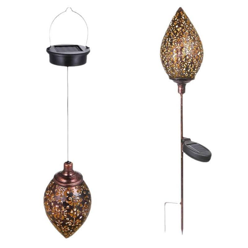 Garden lamp made of wrought iron, solar-powered, Moroccan style, water drop-shaped hollow pendant light, courtyard lamp, solar-powered courtyard lamp