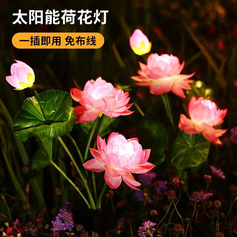 LED solar outdoor waterproof lawn light, simulated three-headed lotus ground light, garden courtyard sensor landscape light