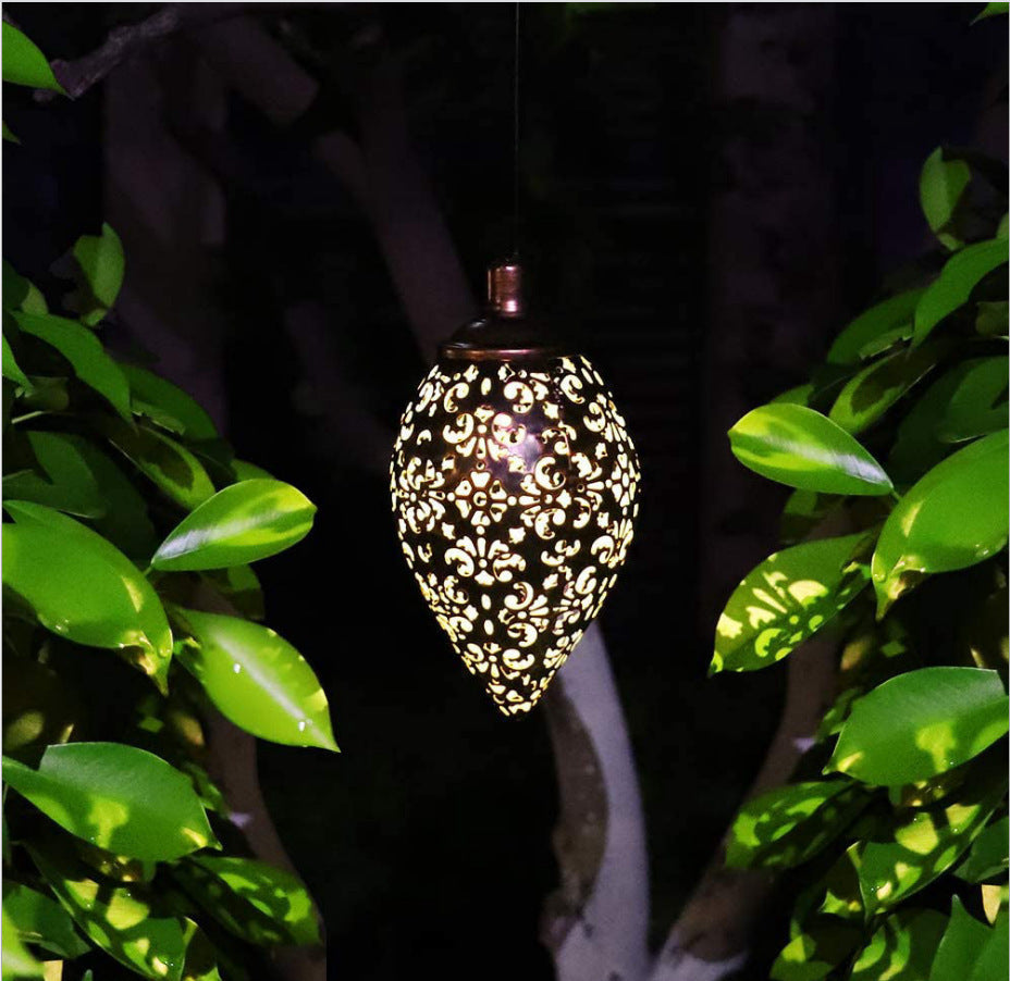 Garden lamp made of wrought iron, solar-powered, Moroccan style, water drop-shaped hollow pendant light, courtyard lamp, solar-powered courtyard lamp
