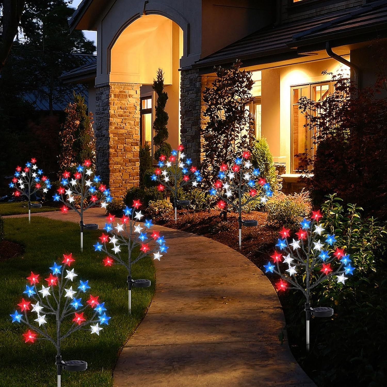 Cross-border American Independence Day solar LED tree branch ground lights with red, blue, and white pentagrams for garden decoration and lawn lighting
