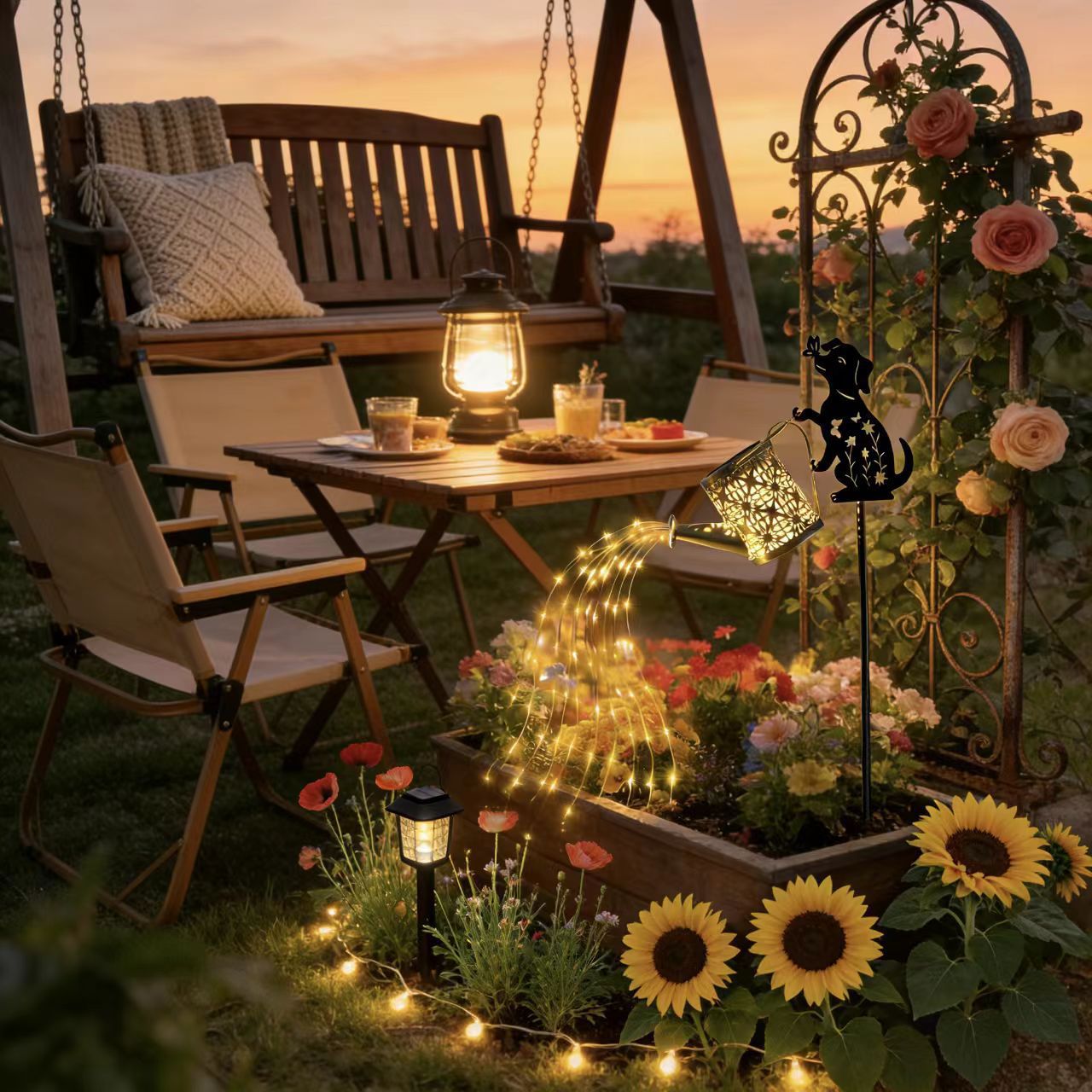 Cross-border solar LED waterproof outdoor water kettle flowing water garden light landscape light iron art sensor light